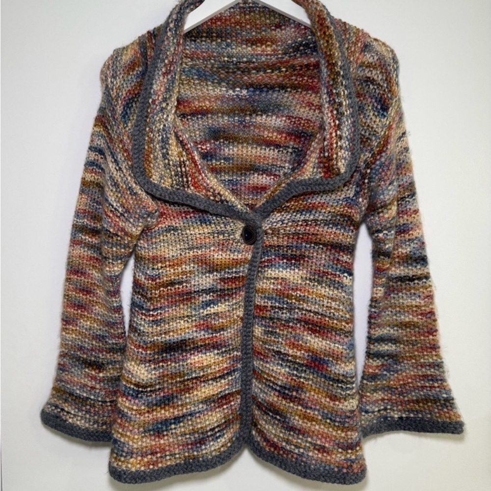 Vtg Crochet Fisherman Wool Knit Cardigan Sweater Cottagecore Bell Sleeve Small